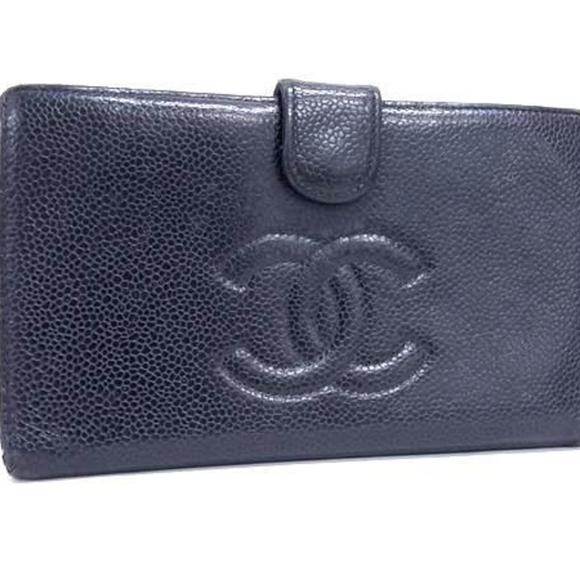 CHANEL Coco Mark Long Wallet A13498 Black Caviar Leather Women's Bifold